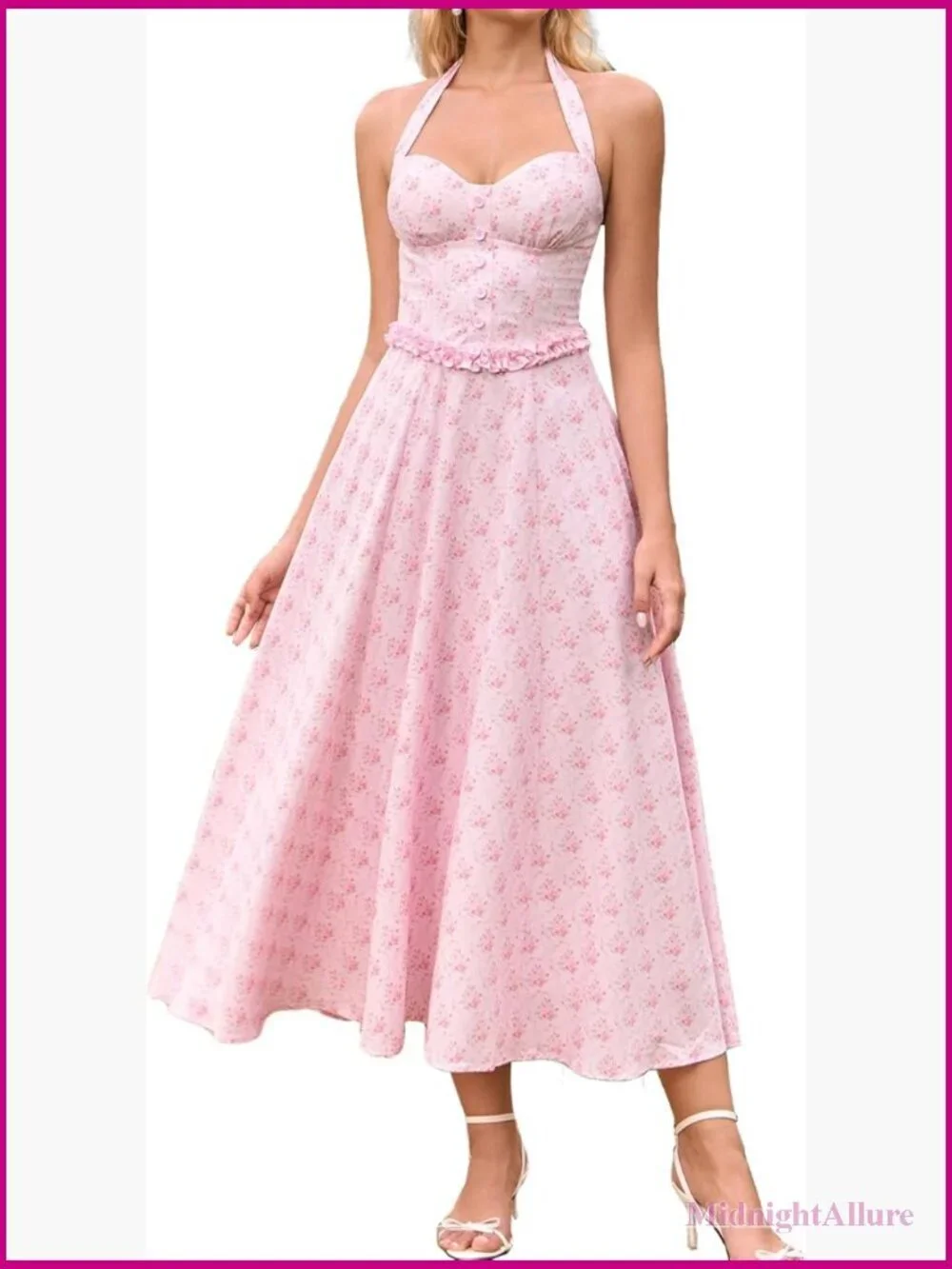 Floral Halter Corset Wrap Midi Dress A-Line Sweetheart Neckline Summer Tea Party